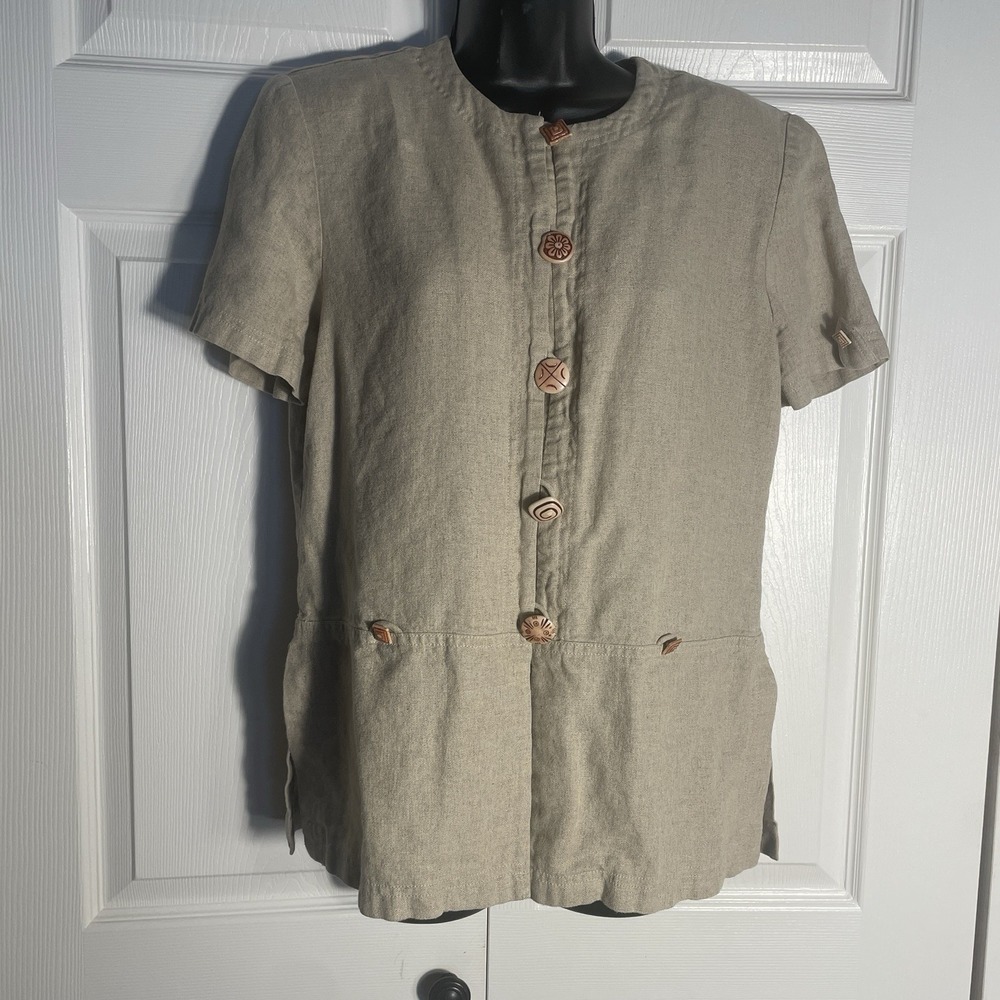 Vintage John‎ Roberts Linen Blend Shirt Women 6 Beige 90s Button Up Short Sleeve